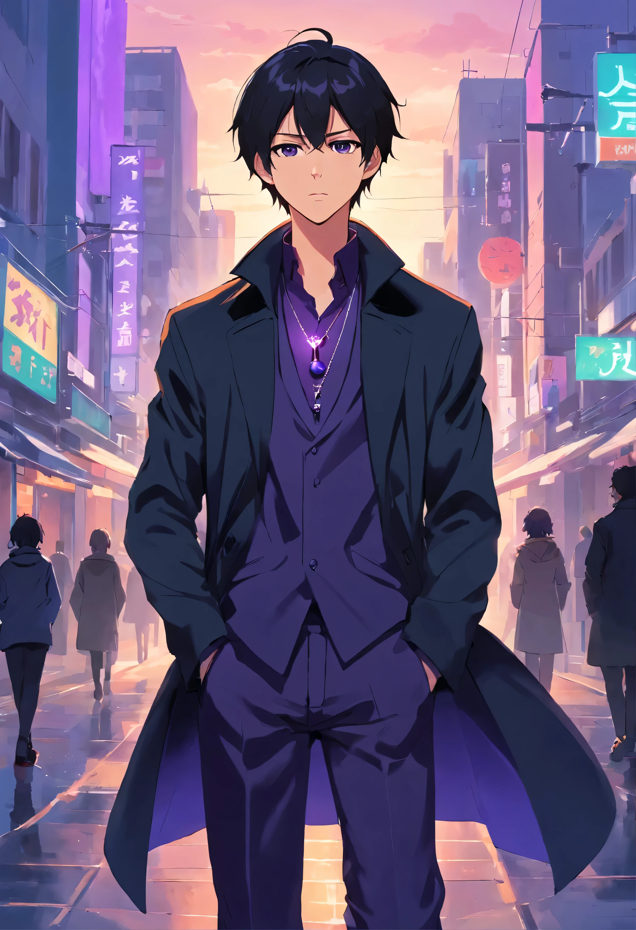 Man with short straight black hair, looking straight at the camera, straight body, beautiful, apathetic face, wearing a black coat with purple details, black fabric pants, black shoes, necklace with a single purple stone. 4khd,