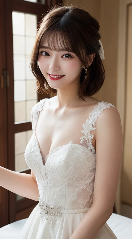 Tabletop, highest quality, shape, Very detailed, In detail, High resolution, 8k wallpaper, Perfect dynamic composition, Beautiful details, White Wedding Dress,Medium Hair, Center of chest,Natural color lip,Random,smile,Chapel,20-year-old girl