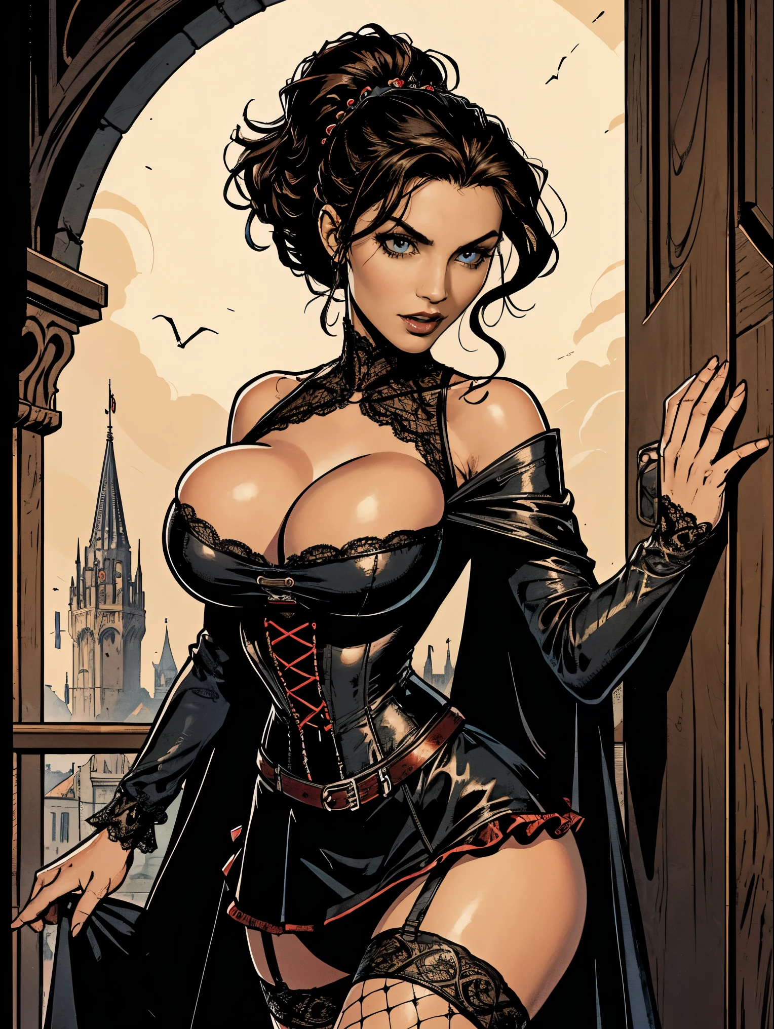 (masterpiece, top quality, best quality, official art, beautiful and aesthetic:1.2), (1girl:1.3), long and curly dark brown hair, ((extravagant updo)), Victorian style, extremely detailed, portrait, looking at viewer, solo, (full body:0.6), detailed background, close up, mischievous eyes, (cold midnight castle theme:1.1), extremely busty vampire, long fangs, blood on chin, huge lips, charlatan, smirk, mysterious, being seductive on a balcony, revealing gothic dress, lace, extremely tight bodice, black attire, red skirts, off shoulder, long sleeves, loose sleeves, black leather, cloak, corset, black dress, fishnets, thigh high black boots, buckles, straps, pouches, glowing blood magic energy, dark red fabric, silver trim, black leather, ruffles, (((gigantic breasts))), cleavage, skindentation, slim waist, slim hips, long legs, medieval (gothic castle exterior:1.1) background, nighttime, dark mysterious lighting, shadows, magical atmosphere, dutch angle