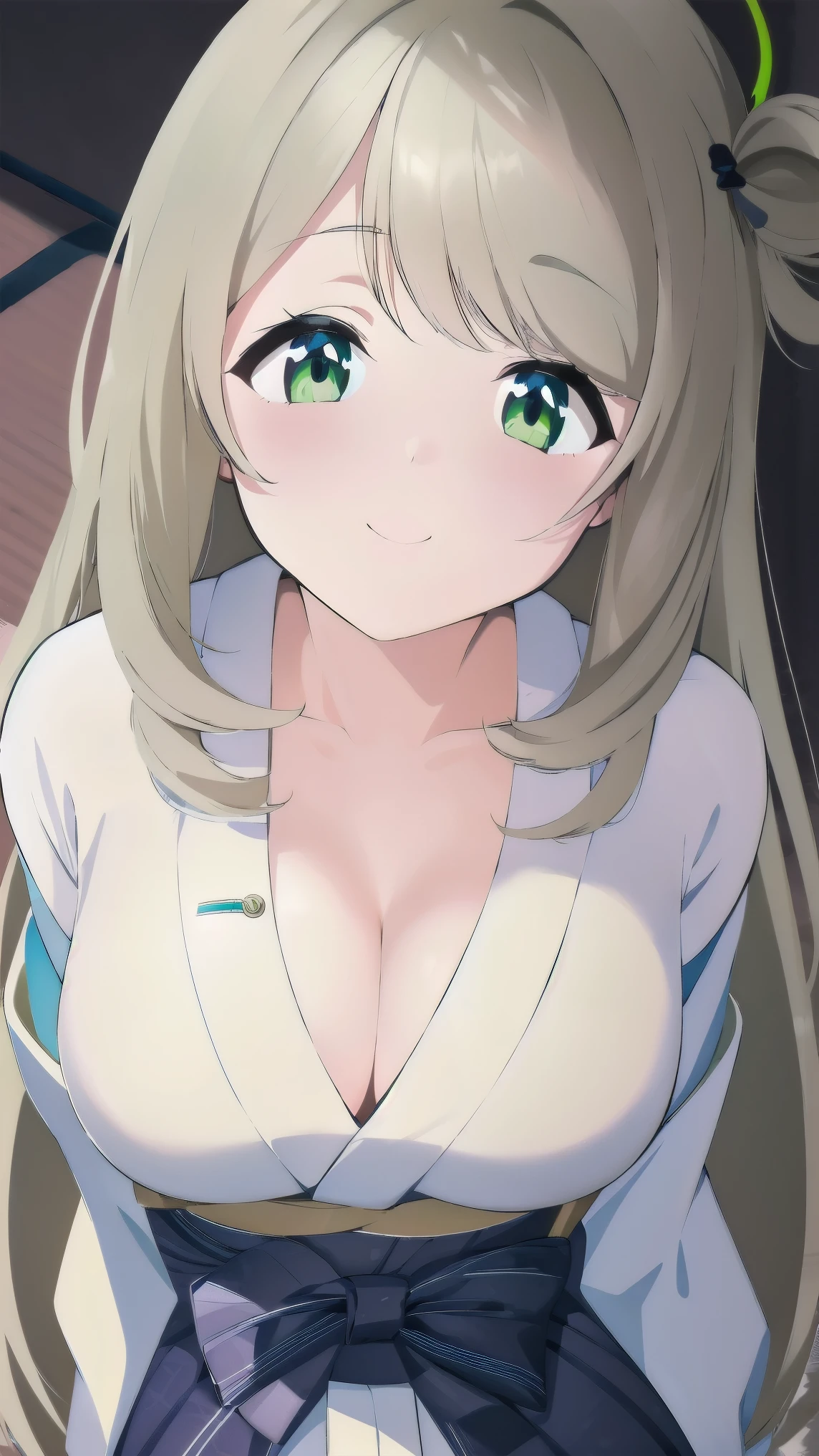 (A superb beautiful girl, Sixteen Nights Nonomi), 8k Ultra HD, Ultra high resolution, (masterpiece:1.2), (best quality:1.2), (finely detailed beautiful eyes), extremely delicate, solo, real light and shadow, upper body shot, shoot from above, (looking up), teenager, nonomi, BREAK light green eyes, BREAK (long hair, light Ivory hair:1.3), happy, BREAK (yukata:1.2), (light green halo), standing, arms behind back, ryokan, slim waist, cleavage, collarbone,