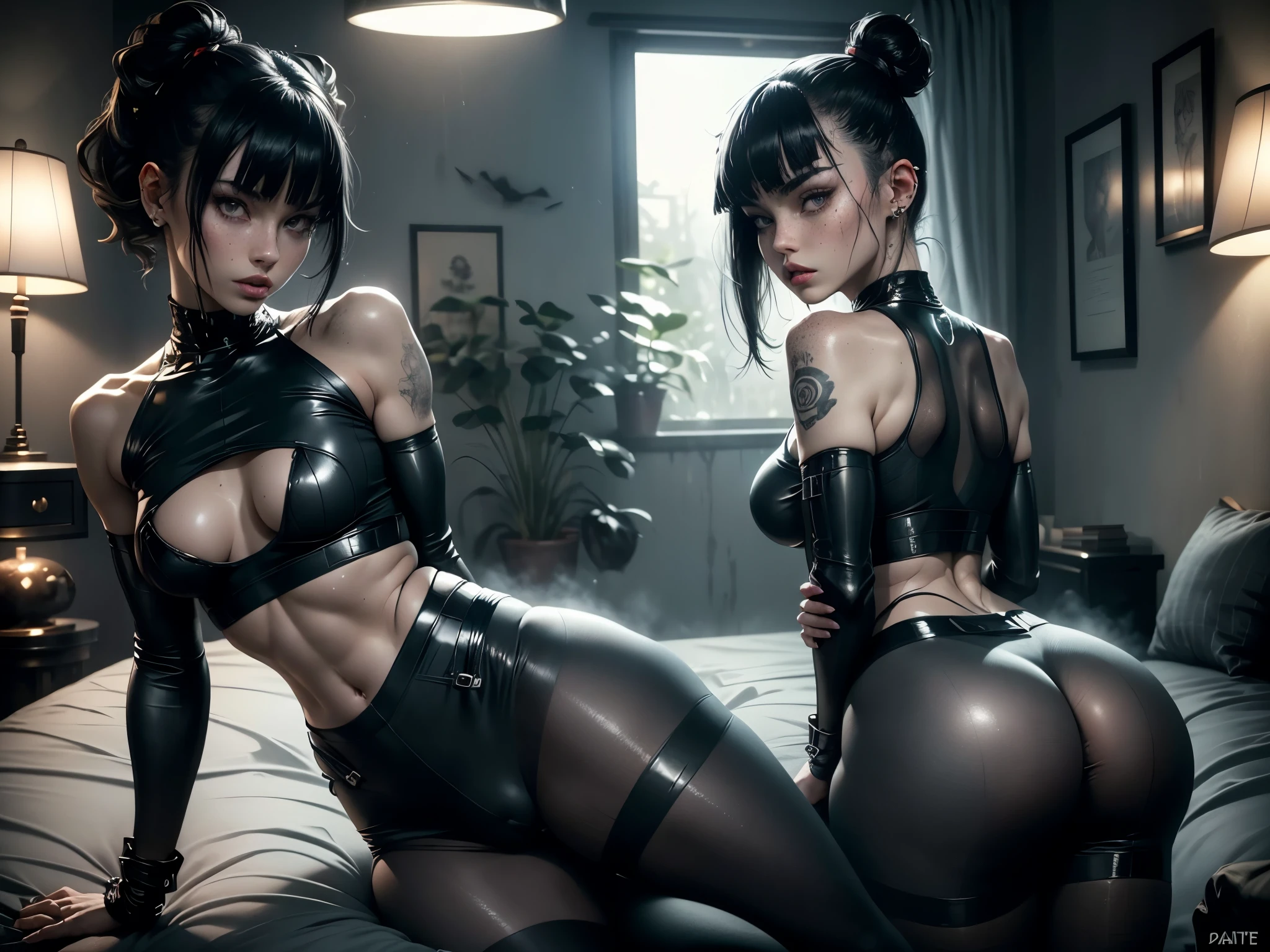 Android, SCI-FI, ((slutty tight pantyhose/skirt butt/ass pose while laying/sitting on a big bed)), ((perfect ass)) , tall cyber femdom mistress domination, ((tight small butt)), ((seductive and sexy showing of her perfect ass)), perfect legs and skinny thighs, tight wet pussy, ((Perfect eyes and face)), ((closed wet full lips)), ((perfect hands and fingers)), ((( a lot of white cum is dripping out of her pussy))), ((she has a very skinny and toned strong body)), ((makeup)), ((freckles)), ((perfect eyebrows)), ((sharper edges)), ((perfect scary grey eyes)), perfect intimidating face, slut, sadistic, predatory, better detail on her skin, perfect face and strong jawline, perfect full wet lips, sadistic atmosphere, wet sweaty skin, more detail, beautiful intimidating grey eyes, ((beautiful horror)), better lighting, more toned muscles, perfect detail on her intimidating eyes, very tight underwear, ((tight pussy)), (((tighter clothing))), slutty, intense, perfect detail, tight and sexy, ((piercings)), better detail on her bellybutton, skinny, skinny and strong, more skin showing, intense, slutty, freckles, long skinny perfect legs, scary and intense, she is a skinny and toned 25 year old sexy and perfect and intimidating Japanese/American skinny/tone futuristic evil retribuition alice, pale white skin, on the bed, (full tall body is shown), (((short hair with short ponytails and bangs))), she is standing far enough away that you can see her full body, wallpaper, perfect face and eyes, she has a skinny and athletic body wearing pantyhose, only her full body is shown above the viewer looking, perfect face, perfect strong jawline, perfect lips, best resolution, perfect bone structure, femdom, she has a skinny and toned perfect body and legs, she is a dominate looking sex demon with tight stockings and garter belt, full body, perfectly proportioned body, short hair, young/modern hairstyle hair and bangs, she is in a bedroom on a bed, tight butt