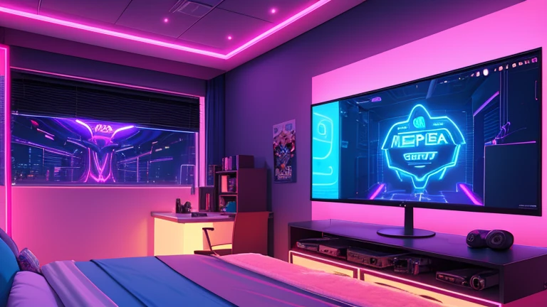 masterpiece, high quality, a wide view of a gamer girls room, led strips, neon signs, multiple anime posters, gaming pc, nighttime, bedroom