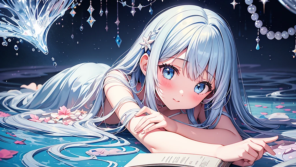 masterpiece, best quality, extremely detailed, (illustration, official art:1.1), 1 girl ,(((( light blue long hair)))), ,(((( light blue long hair)))),light blue hair, ,10 years old, long hair ((blush)) , cute face, big eyes, masterpiece, best quality,(((((a very delicate and beautiful girl))))),Amazing,beautiful detailed eyes,blunt bangs((((little delicate girl)))),tareme(true beautiful:1.2), sense of depth,dynamic angle,,,, affectionate smile, (true beautiful:1.2),,(flat chest)),Top image quality、Fine sentences、full body Esbian、animesque、illustratio、ultra-definition、A detailed eye、Detail Facial、Fantasia、teens girl、Wear wizard's clothes、long hair in one knot、length hair、scientist、Drinking tea、Lots of bubbles、under the water、abyssal、AngelT、pile of books、fantastical light、magia、Sorcerer、Wear coral and pearls、dark ambiance、candelabra、Pedras preciosas、precious metal、Cluttered room、Realistic bubbles、Realistic water droplets、Under the sea、, hairclip,