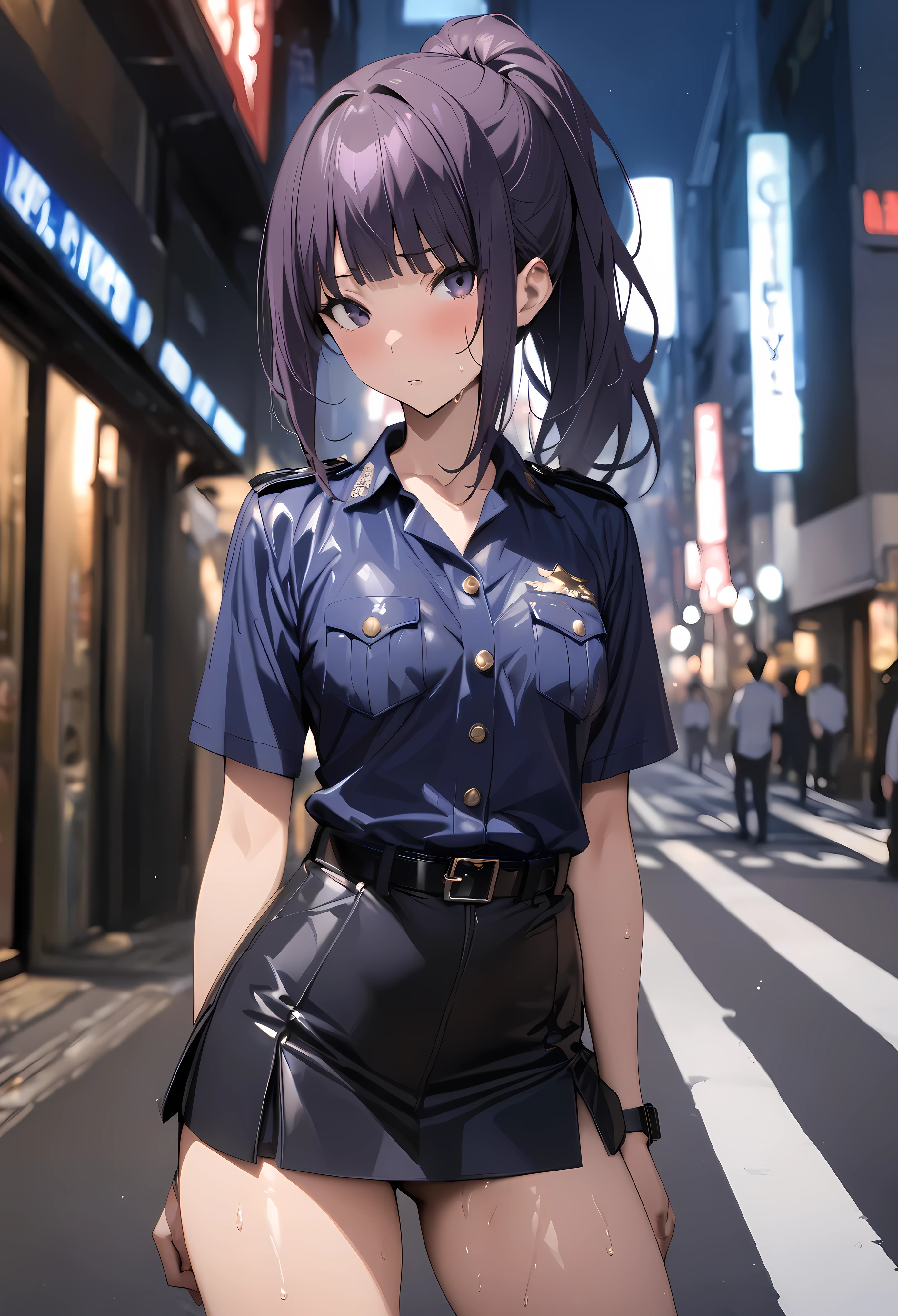 (masterpiece, highest quality:1.2),1 cowboy shot,girl,18 year old beauty、solo,ponytail hair,dark purple hair,slender body,skinny,medium breasts,oily skin,shiny skin,Police uniform、mini skirt、on street,Shibuya、Tokyo、