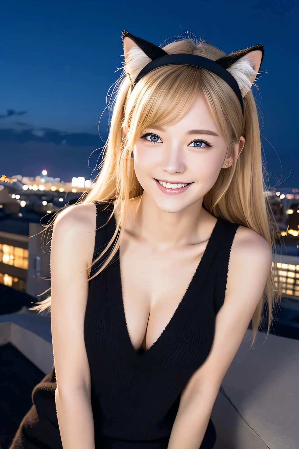 highest quality, Ultra-high resolution, (Realistic:1.4), Cat ears headband、Black sleeveless knit、Japanese、Gal、Blonde、blue eyes、cute、smile、Leaning forward、Night Sky、Rooftop in the background