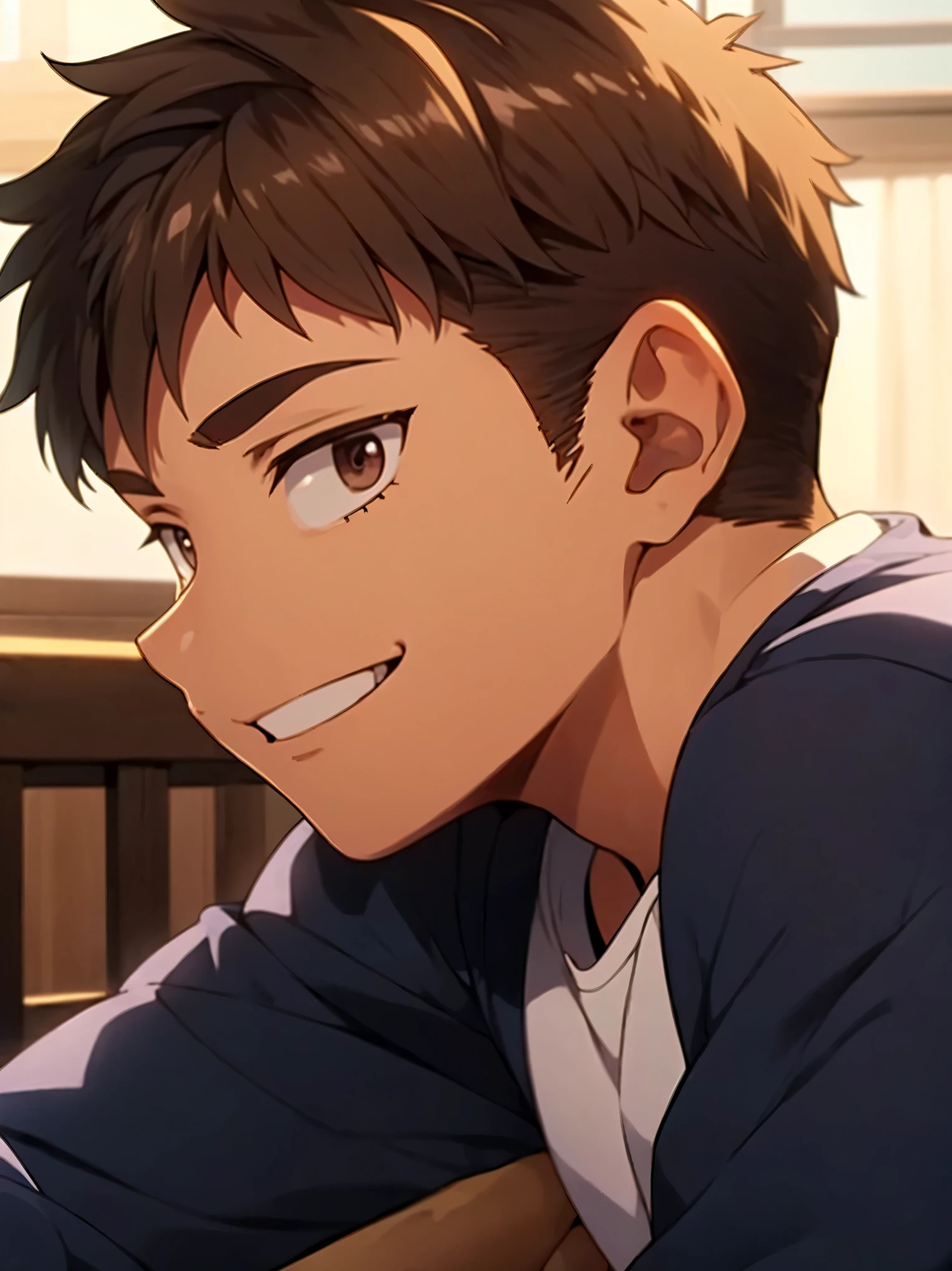 1 boy,,manly,student,brown hair,shirt,smile,face,diagonally from the side,(detailed eyes:1.2),detailed skin,(masterpiece,best quality:1.4),Top Quality,High quality,Ultra detailed,insanely detailed,anime style