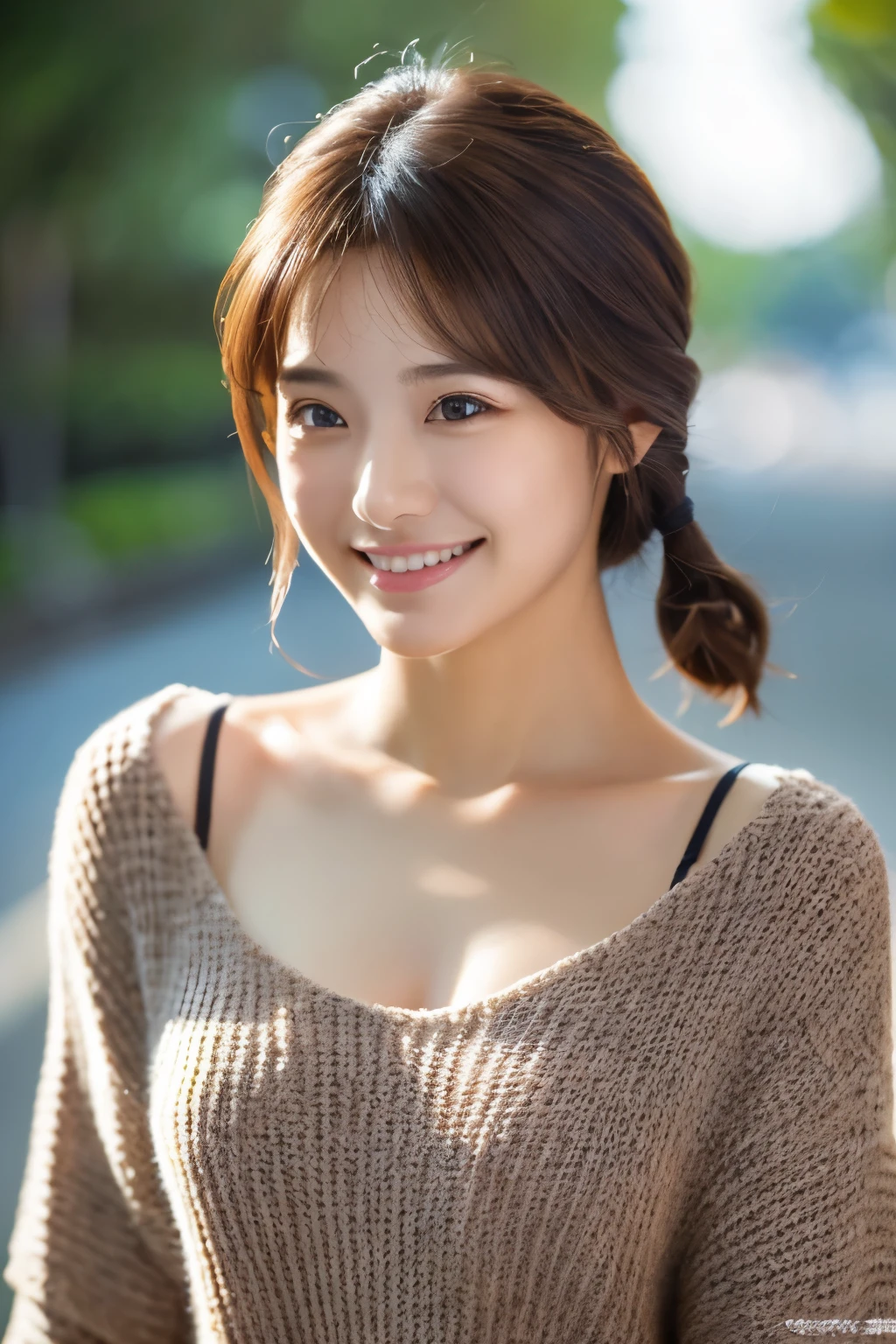 (masterpiece:1.3), (8k, Photorealistic, Raw photo, Best image quality: 1.4), Japanese 、(Random Hairstyles:1.2)、Cleavage:1.2、Super detailed face、Attention to detail、double eyelid、Put your chest together、Sharp focus:1.2、Beautiful woman:1.4、Light brown hair、highest quality、masterpiece、超A high resolution、(Photorealistic:1.4)、Highly detailed and professionally lit smile、Loose, lightweight knitwear、Shoulder out、thin、Serious expression、Short-haired、Deadly position

