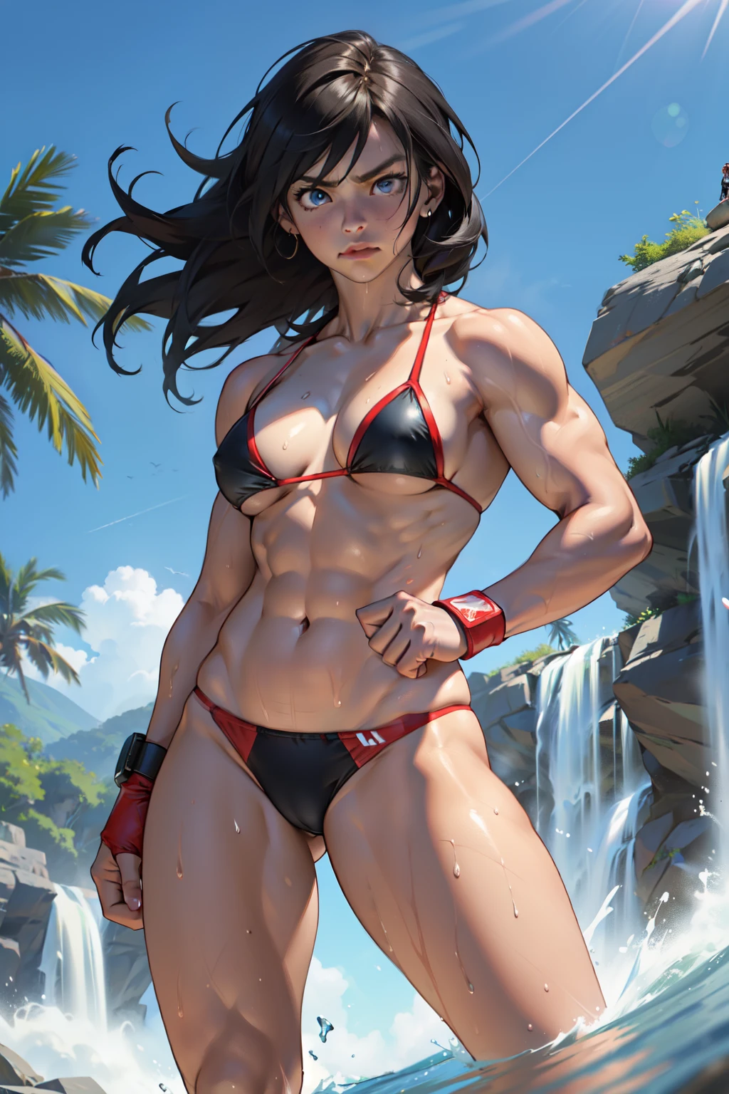 High-Resolution, 4K, Masterpiece: 1.2
Super Muscular Woman, Giant Muscles,
Mini Bikini, Small Bikini, Ready for a Fight,
Glistening with Sweat, Muscles Taut and Defined,
Long, Loose Hair Flowing Like a Waterfall,
Flyings Swiftly in the Wind as She Prepares,
Punching her Own Fists with Synchronized Power,
Her Gaze Fixed on the Screen with Intense Focus,
Eyes Wide and Determined, Resolve Unwavering.