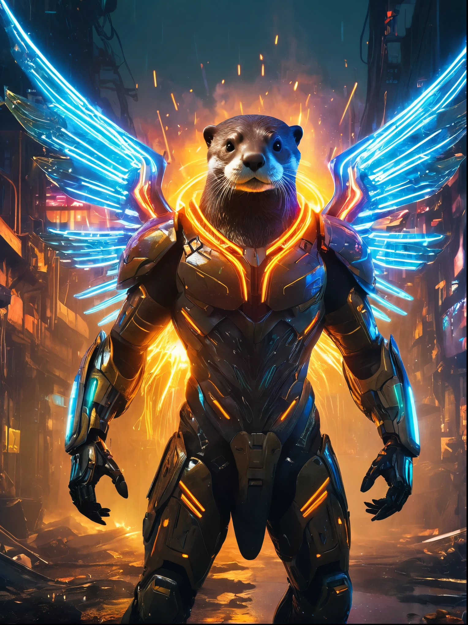 An otter ，Cyberpunk warrior in  mecha armor， solo， light eyes，Devil  Wings，Wide-angle lens，biology，weird，Creepy，nightmarish，Very bright neon colors，Light Particles，Luminescence，Best Photo of the Year Winner，the world on fire，Post-apocalyptic hellscape， Epic Photo of the Yeare on the horizon，Epic movie shots，Pure form，Intricate details，8k，Post-production，high resolution，Super Detail