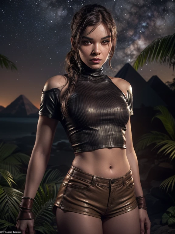 Foto hiperrealista en primer plano de woman as Lara Croft,wearing (cotton brown brown short shorts:1.5) and (leather turtleneck top:1.3), posing in an ancient egyptian lagoon, jungle plants, jungle flowers, raging fires in background, (clear starry sky at night:1.2), pyramids in background, dynamic pose, action pose, photoreal render,high contrast image, rendering by octane,character design,unreal-engine, ((best quality)), ((masterpiece)), ((realistic)), (detailed), (brown eyes:1.2), highly detailed skin and hair, stunning gradient colors
