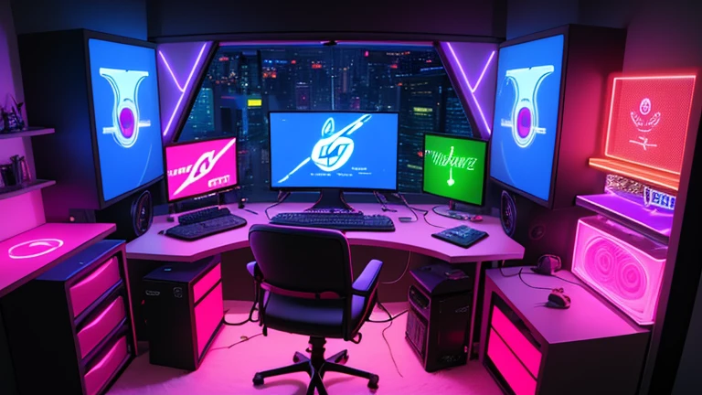masterpiece, high quality, a wide view of a gamer girls room, led strips, neon signs, multiple anime posters, gaming pc, computer, desk, gaming chair, nighttime, bedroom