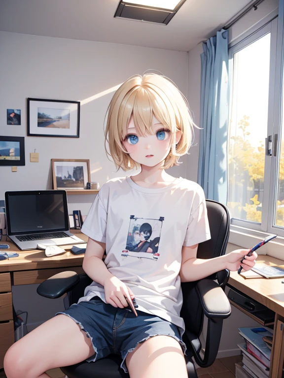 masterpiece, highest quality, Very detailed, 16k, Ultra-high resolution, One -yeld boDetailed face, blue eyes, Blonde, short hair, Smooth Hair, T-Shirts, Dark blue shorts, My Room, Swivel chair, Laptop on desk, Operating a computer。