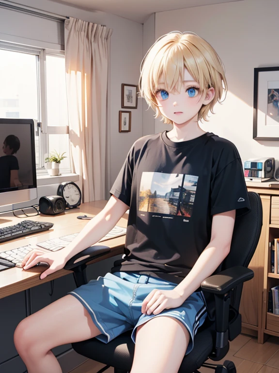 masterpiece, highest quality, Very detailed, 16k, Ultra-high resolution, One ***************, Detailed face, blue eyes, Blonde, short hair, Smooth Hair, T-Shirts, Dark blue shorts, My Room, Swivel chair, Laptop on desk, Operating a computer。