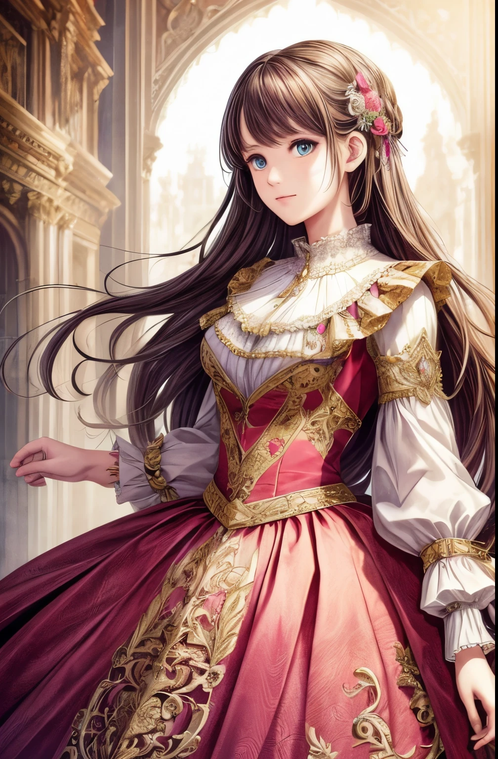 (absurd, high resolution, Super detailed), 1 Girl,，Solitary,  Baroque, Long skirt, Long sleeve, elegant, rich and colorful, The most detailed, Upper Body