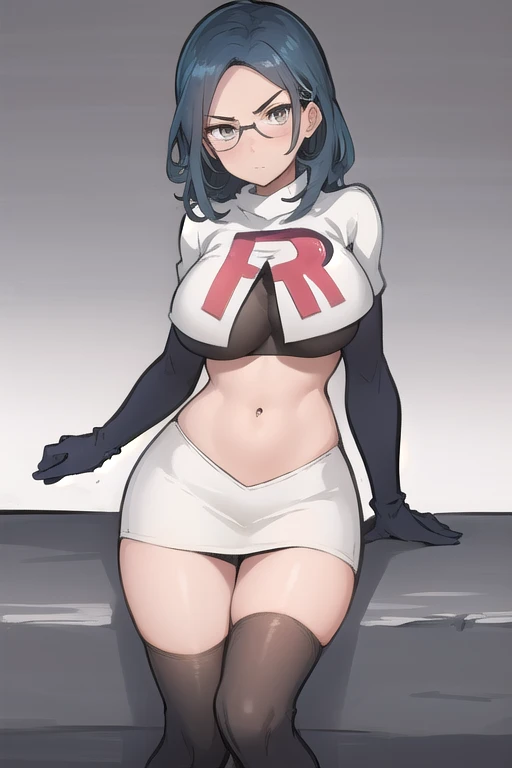 best quality, (masterpiece:1.2), illustration, absurdres,  
(1girl), (solo), (beautiful detailed girl),
Sonya Baelz, blue hair, medium hair, grey eyes, large breasts, half-frame glasses, gray glasses,
team rocket,team rocket uniform,white skirt,red letter R,crop top,black thigh-highs,black elbow gloves,
looking at viewer, serious,