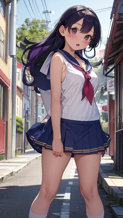 masterpiece、highest quality、Very detailed、Photograph the upper body、1 female、(Arms behind your back:1.4)、Are standing、Turn your body forward、View your viewers、(Sailor suit:1.4、mini skirt :1.4)、blush、shy、Purple Hair、Open your mouth、School corridor、Big Breasts、