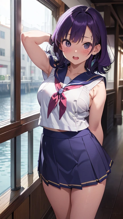 masterpiece、highest quality、Very detailed、Photograph the upper body、1 female、(Arms behind your back:1.4)、Are standing、Turn your body forward、View your viewers、(Sailor suit:1.4、mini skirt :1.4)、blush、shy、Purple Hair、Open your mouth、School corridor、Big Breasts、