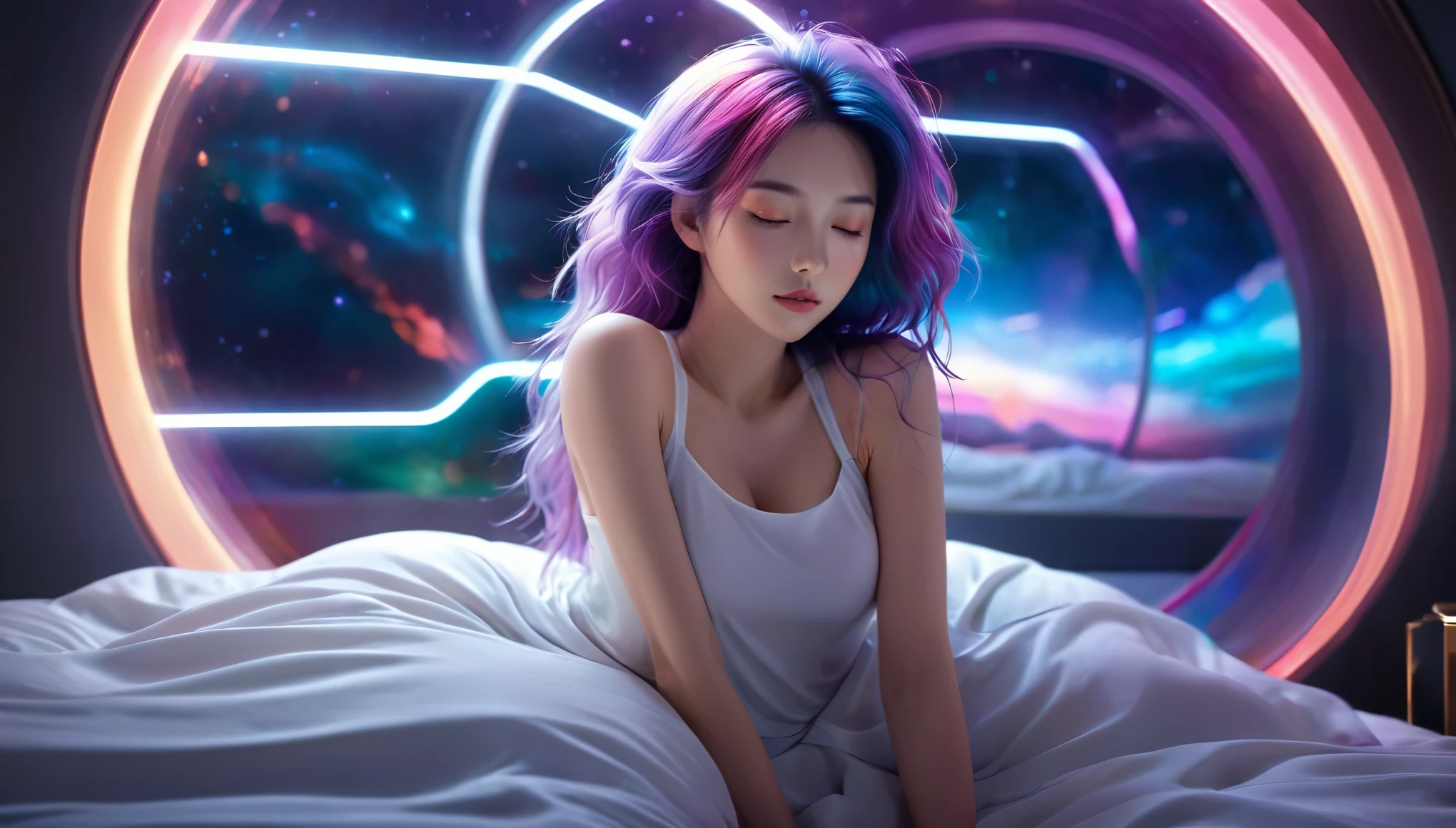 (best quality,8k,ultra-detailed:1.2),(CG,CG art,3D rendering),(masterpiece:1.2),(Crawling on the table),(y clothing),(movie lighting,futuristic),(woman lying in bed,sleeping,closed eyes),(large window behind her,tranquil night),(colorful hair:1.5)