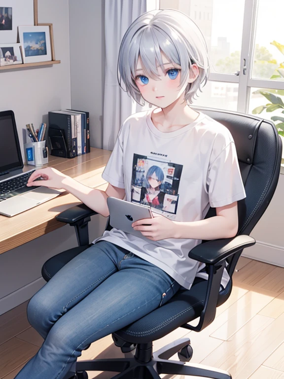 masterpiece, highest quality, Very detailed, 16k, Ultra-high resolution, One , Detailed face, blue eyes, Silver Hair, short hair, Smooth Hair, T-Shirts, jeans, My Room, Swivel chair, Laptop on desk, Operating a computer。