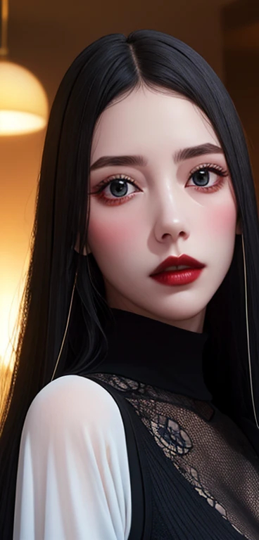 ((Top Quality、16K、masterpiece:1.3))、a tall and beautiful woman、Perfect Figure:1.4、(gothic aesthetic) Slim Abs、(goth girl) black hairstyle、long hair、No postural movement、Stand up straight、Huge bust、Highly detailed facial and skin texture、(A detailed eye, Symmetry Eyes, Clear realistic eyes, Double eyelidd、Cold-stricken face、Symmetrical face), pale-white skin (illuminated, realistic shading sound), goth makeup, Royal sisters full of fans、The Telegraph Esbian、peach buttocks、(black gothic Knit Dress, Very Tight Knit), cleavage, black pantyhose, squart、(Raw foto:1.2)、((Photorealcitic:1.4))Top Quality、masterpiece、Real Photography、very delicate and beautiful.、super detailed CG、Unity、8K photo wallpaper、delicate detail、best qualtiy、Highly detailed CG unity 8k wallpaper、absurderes、Incredibly Absurd、huge file size、extremely highly detailed、Hight Resolution、ighly Details、Beautiful detail girl、extremely detailed eyes and face、beautiful delicate eyes、Facial light、cinematic lightings, 1girll、see -through,Watch your audience, Plane Air, high ponytail、ulzzang-6500、The Telegraph Esbian,