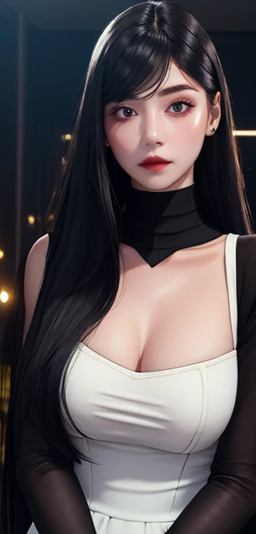 ((Top Quality、16K、​masterpiece:1.3))、a tall and beautiful woman、Perfect Figure:1.4、(gothic aesthetic) Slim Abs、(goth girl) black hairstyle、long hair、No postural movement、Stand up straight、Huge bust、Highly detailed facial and skin texture、(A detailed eye, Symmetry Eyes, Clear realistic eyes, Double eyelidd、Cold-stricken face、Symmetrical face), pale-white skin (illuminated, realistic shading sound), goth makeup, Royal sisters full of fans、The Telegraph Esbian、peach buttocks、(black gothic Knit Dress, Very Tight Knit), cleavage, black pantyhose, squart、(Raw foto:1.2)、((Photorealcitic:1.4))Top Quality、​masterpiece、Real Photography、very delicate and beautiful.、super detailed CG、Unity、8K photo wallpaper、delicate detail、best qualtiy、Highly detailed CG unity 8k wallpaper、absurderes、Incredibly Absurd、huge file size、extremely highly detailed、Hight Resolution、ighly Details、Beautiful detail girl、extremely detailed eyes and face、beautiful delicate eyes、Facial light、cinematic lightings, 1girll、see -through,Watch your audience, Plane Air, high ponytail、ulzzang-6500、The Telegraph Esbian,