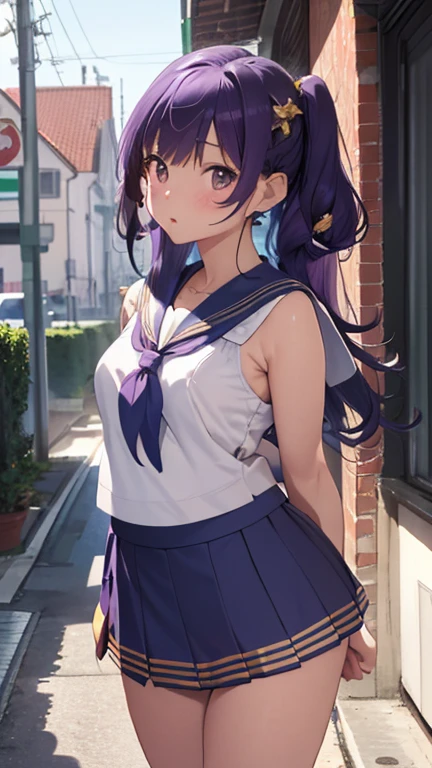 masterpiece、highest quality、Very detailed、Photograph the upper body、1 female、(Arms behind your back:1.4)、Are standing、Turn your body forward、View your viewers、(Sailor suit:1.4、mini skirt :1.4)、blush、shy、Purple Hair、Open your mouth、School corridor、Big Breasts、