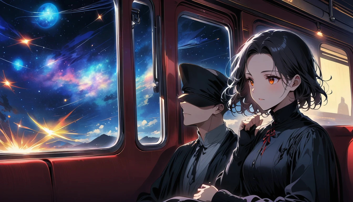 Flying Galaxy Express Anime boy looking at the night sky from inside a train