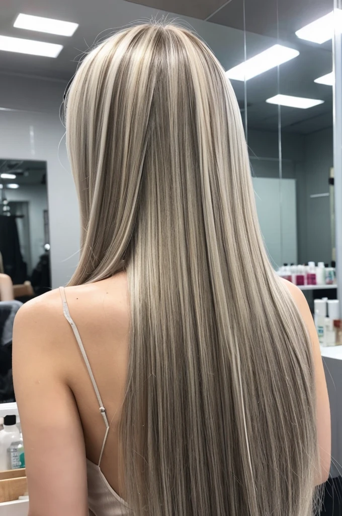 A slender woman with long blonde hair is standing in a beauty salon, her back only visible., Ash Blonde Hair, Beige Hair, アッシュブロンドのgreyがかった髪, grey, silver, Light brown hair, hair coloring, hair color, long gray-white hair, Light Hair, Thin and shiny hair, greyのブロンドの髪, 明るいgreyの髪, 8k)), Clean blonde hair, Dye your hair