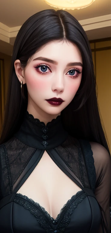 ((Top Quality、16K、masterpiece:1.3))、a tall and beautiful woman、Perfect Figure:1.4、(gothic aesthetic) Slim Abs、(goth girl) black hairstyle、long hair、No postural movement、Stand up straight、Huge bust、Highly detailed facial and skin texture、(A detailed eye, Symmetry Eyes, Clear realistic eyes, Double eyelidd、Cold-stricken face、Symmetrical face), pale-white skin (illuminated, realistic shading sound), goth makeup, Royal sisters full of fans、The Telegraph Esbian、peach buttocks、(black gothic Knit Dress, Very Tight Knit), cleavage, black pantyhose, squart、(Raw foto:1.2)、((Photorealcitic:1.4))Top Quality、masterpiece、Real Photography、very delicate and beautiful.、super detailed CG、Unity、8K photo wallpaper、delicate detail、best qualtiy、Highly detailed CG unity 8k wallpaper、absurderes、Incredibly Absurd、huge file size、extremely highly detailed、Hight Resolution、ighly Details、Beautiful detail girl、extremely detailed eyes and face、beautiful delicate eyes、Facial light、cinematic lightings, 1girll、see -through,Watch your audience, Plane Air, high ponytail、ulzzang-6500、The Telegraph Esbian,