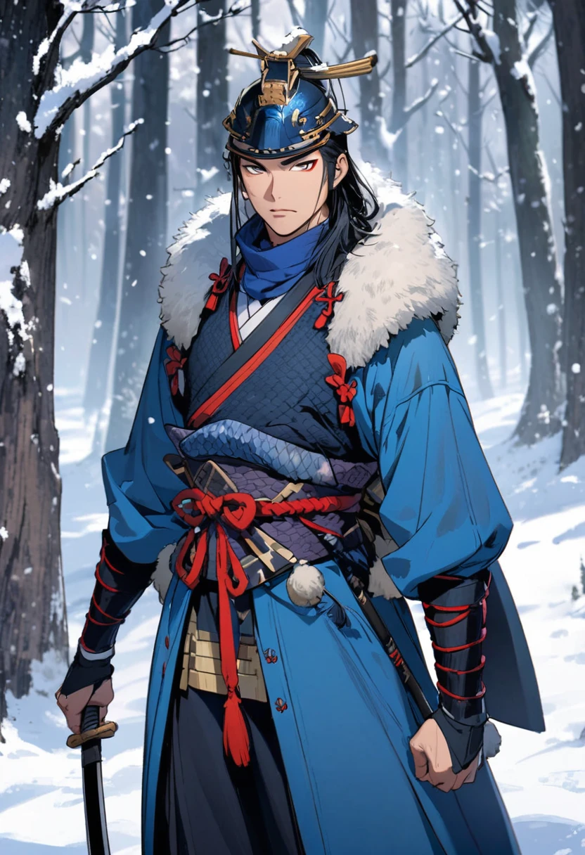 Japanese samurai in blue in a snowy forest