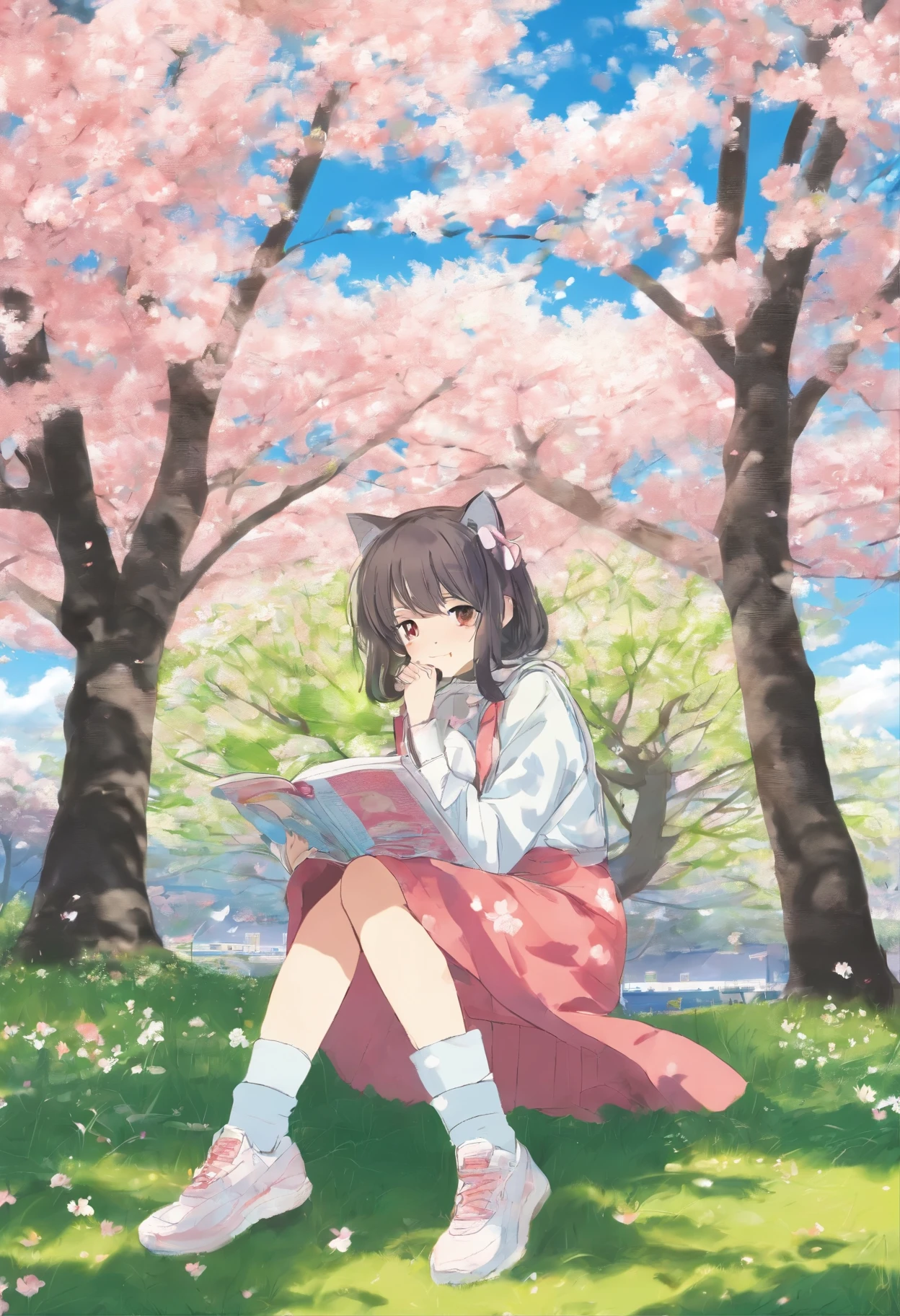 Under the blue sky in March、In a park where cherry blossoms are in full bloom、A girl is reading a book under a cherry tree。A cat is nestled at my feet。