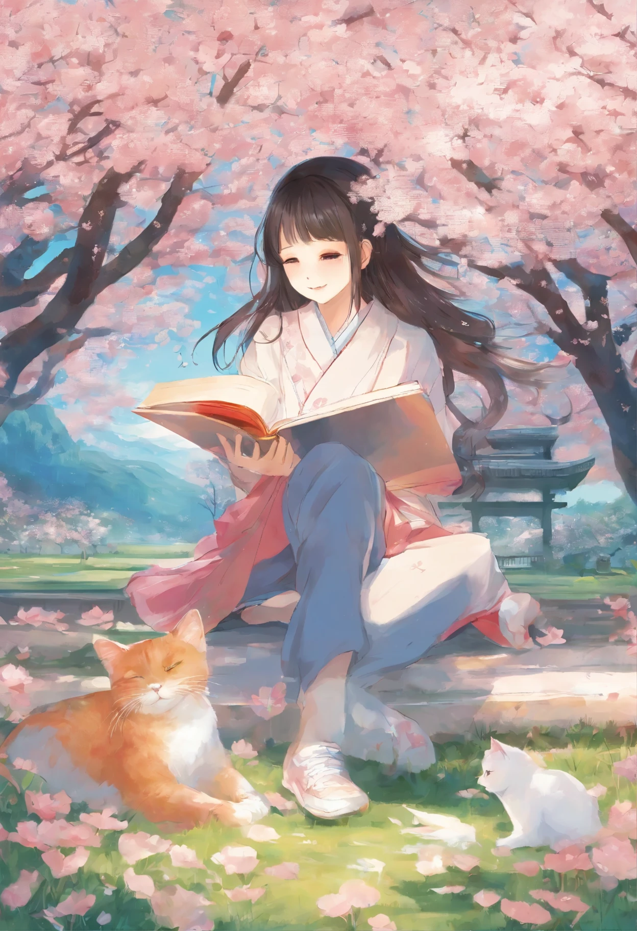 Under the blue sky in March、In a park where cherry blossoms are in full bloom、A girl is reading a book under a cherry tree。A cat is nestled at my feet。