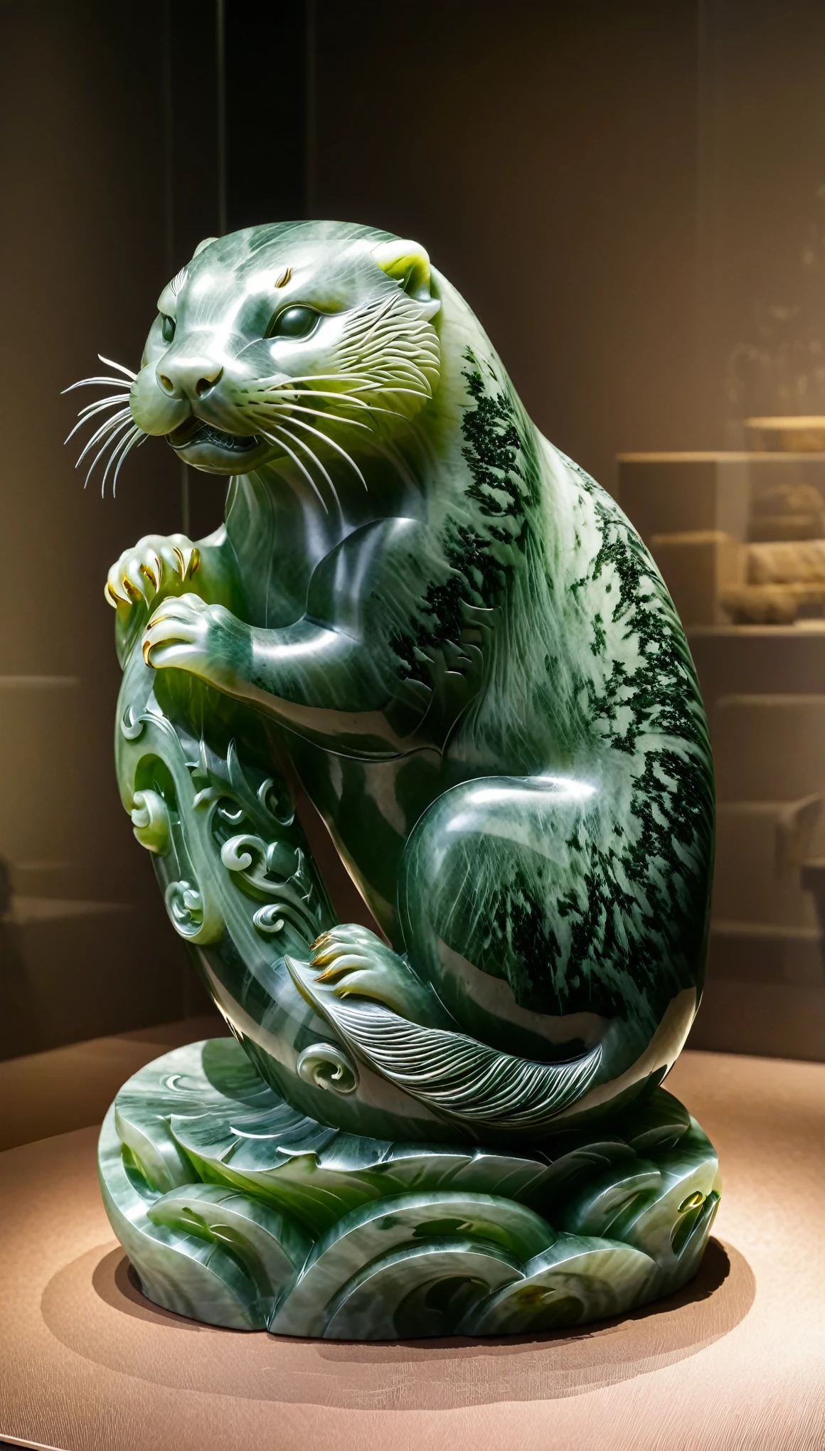(best quality, ultra-detailed, realistic:1.2), jade sculpture art, intricate details, lifelike otter, beautiful jade texture, exquisite craftsmanship, high contrast, spotlight, museum exhibit
