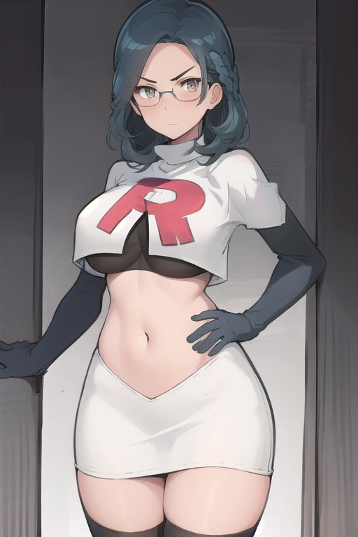 best quality, (masterpiece:1.2), illustration, absurdres,
(1girl), (solo), (beautiful detailed girl),
Sonya Baelz, blue hair, medium hair, grey eyes, large breasts, half-frame glasses, gray glasses,
team rocket,team rocket uniform,white skirt,red letter R,crop top,black thigh-highs,black elbow gloves,
looking at viewer, serious,