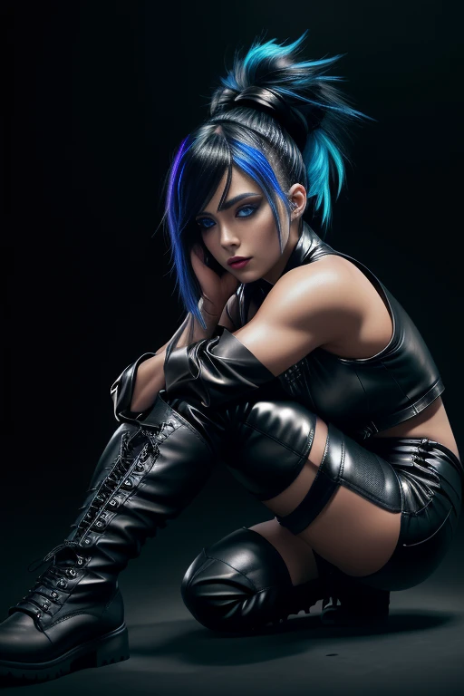 beautiful girl, full body, short bright blue neon streaked dishevelled hair, ((large light realistic detailed eyes:1.3)), ((seductive pose:0.5)), black eyeshadow, (street style wear:1.2), ((tight fitted short pants)), ((thigh high leather boots:1.3)), (dark city night black background:1.4), dark makeup, digital art, trending on artstation, highly detailed, fine detail, intricate, beautiful detailed glow, detailed, Cinematic light, high-res, detailed facial features, sharp focus, smooth, aesthetic,