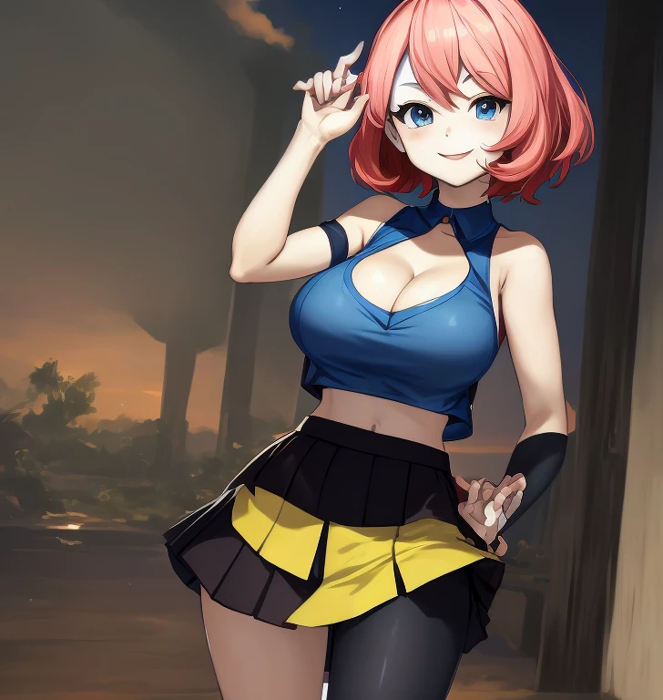 masterpiece, best quality, highres, ((serena)) \(pokemon\), short hair, blue eyes, 1girl, solo, smile, crop top, hand on hip, hand holding chest, indoors, wide hips, ((gigantic cleavage))