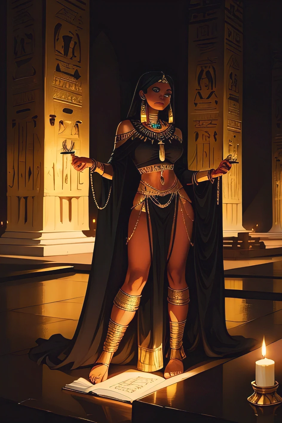 a well detailed defined and beautiful image of a young dark black woman with long braided hair dressed in a long black dress and egyptian accessories a golden anhk necklace holding a grimoire in her hand in an egyptian temple with candles around fantasy rpg style image 