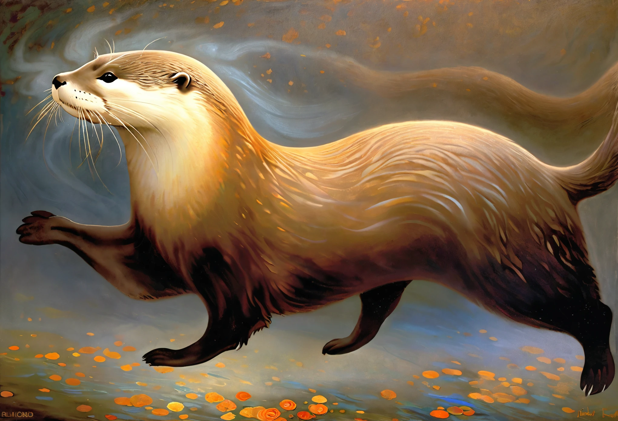 an otter，side view，Running in the smoke,  epic ， theatricality and mystique  ，Otherworldly ，Awesome ，Clever use of light and shadow，Adds depth and drama to the scene., Involve the audience in a dark and elegant narrative. This masterpiece, Created by the famous painter Gustav Klimt, Delve deep into the realms of fantasy and mythology, Inviting viewers to explore the complexity of beauty, strength, 