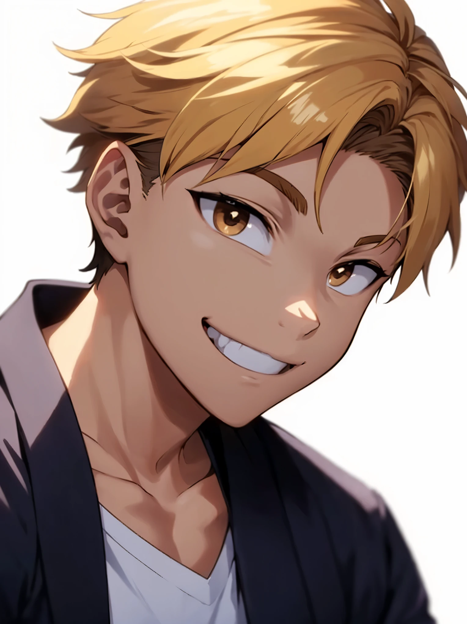 1 boy,18 years old,student,Blonde hair,brown eyes,white open collar shirt,smile,white background,upper body,(detailed eyes),detailed skin,(masterpiece,best quality:1.4),Top Quality,High quality,anime style