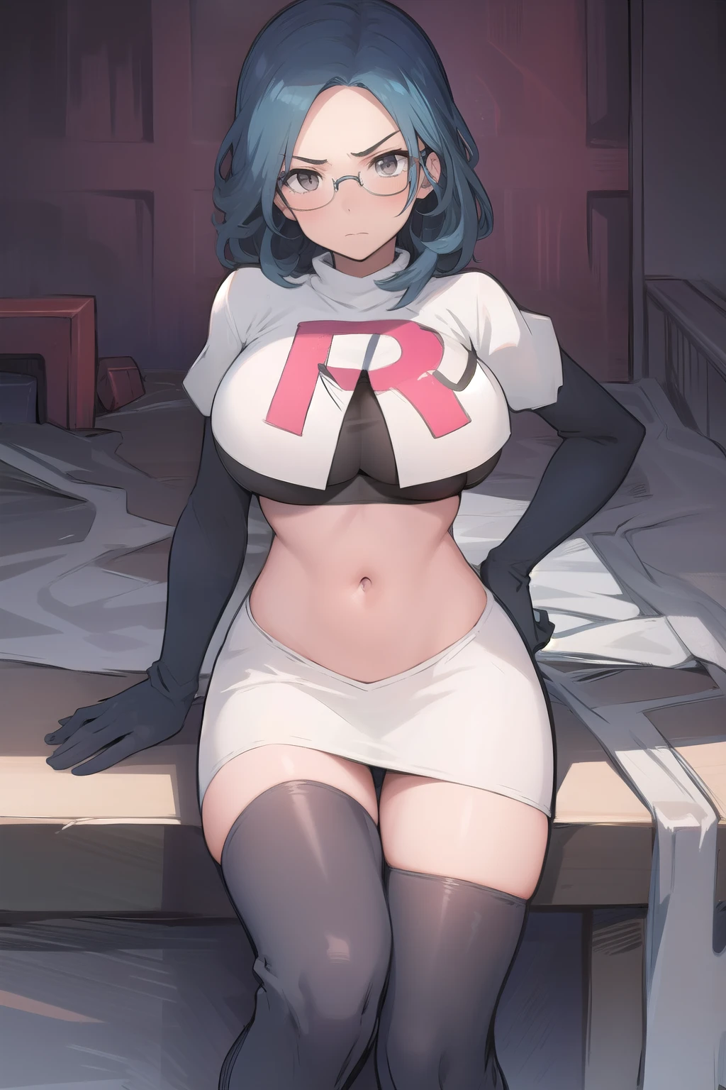 best quality, (masterpiece:1.2), illustration, absurdres,  
(1girl), (solo), (beautiful detailed girl),
Sonya Baelz, blue hair, medium hair, grey eyes, large breasts, half-frame glasses, gray glasses,
team rocket,team rocket uniform,white skirt,red letter R,crop top,black thigh-highs,black elbow gloves,
looking at viewer, serious,