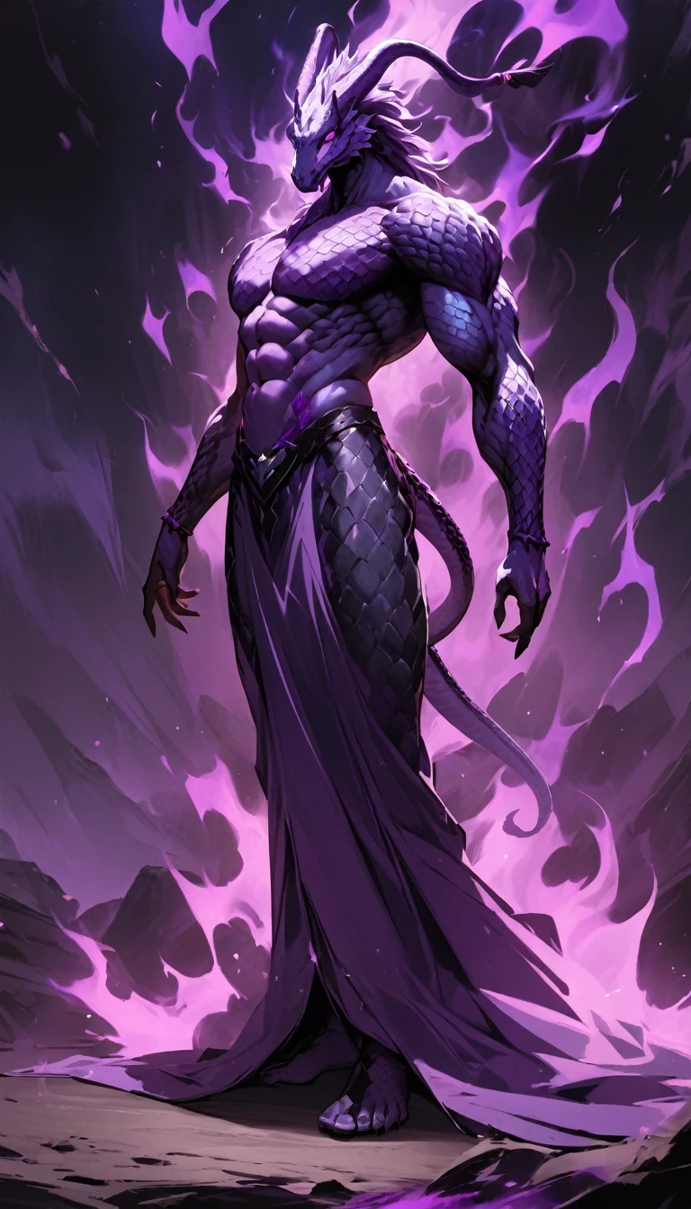 Solo、Naga、Purple scales all over the body、Muscular dragon head、Half of a snake、aura、Full body view、(absurdres),masterpiece,