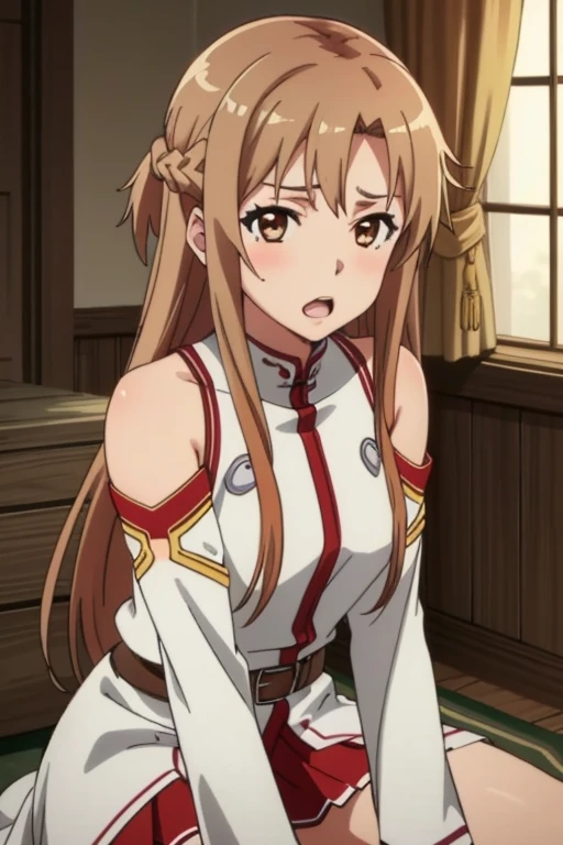 (masterpiece, highest quality), Intricate details,
One girl, Yuuki Asuna, KizukiAi, Brown Hair, Brown eyes, Medium chest, Long Hair, Braiding, Catbo, White gloves, White Uniform, White boots, Red Skirt, Red strap,Ahegao,nude