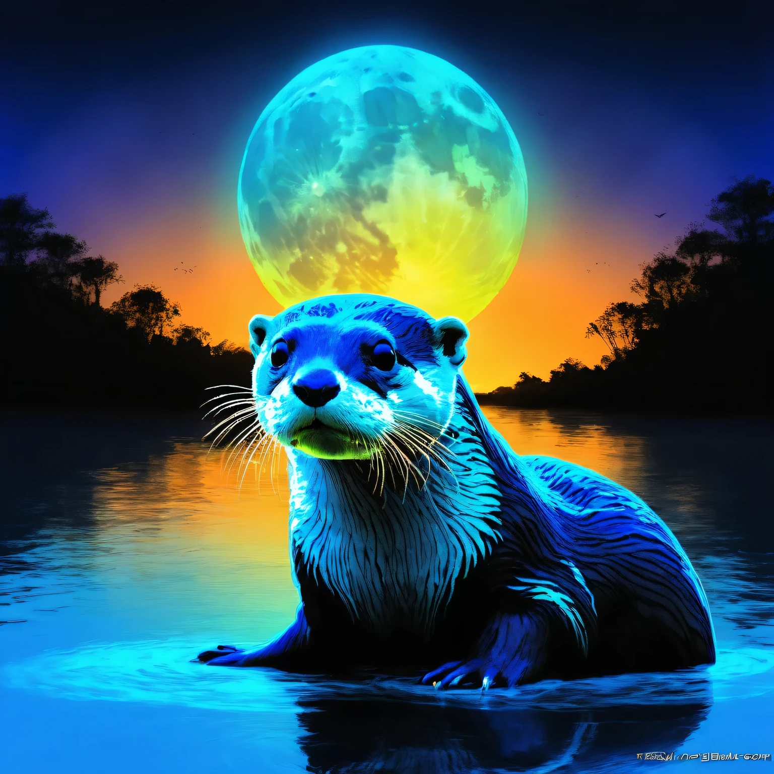 1 glowing otter. (Digital art of transparent otter painted with blacklight responsive light blue paint: 1.3, 3D, octane rendering, blacklit background), UV blacklight: 1.3, luminous, neon colour: 1.3, Otter glowing eyes, night, dark atmosphere, waterfront, moon, detailed Otter, dark fantasy, intricate details