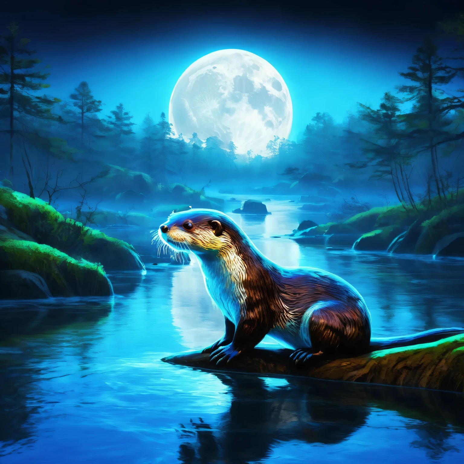 1 glowing otter. (Digital art of transparent otter painted with blacklight responsive light blue paint: 1.3, 3D, octane rendering, blacklit background), UV blacklight: 1.3, luminous, neon colour: 1.3, Otter glowing eyes, night, dark atmosphere, waterfront, moon, detailed Otter, dark fantasy, intricate details