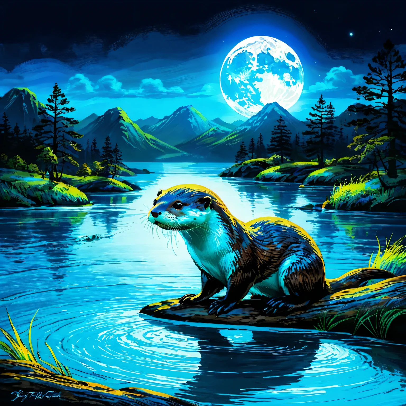 1 glowing otter. (Digital art of transparent otter painted with blacklight responsive light blue paint: 1.3, 3D, octane rendering, blacklit background), UV blacklight: 1.3, luminous, neon colour: 1.3, Otter glowing eyes, night, dark atmosphere, waterfront, moon, detailed Otter, dark fantasy, intricate details