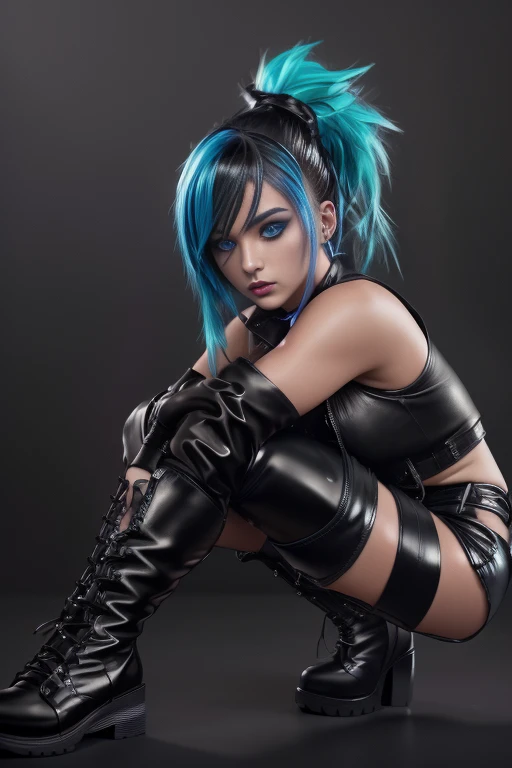 beautiful girl, full body, short bright blue neon streaked dishevelled hair, ((large light realistic detailed eyes:1.3)), ((seductive pose:0.5)), black eyeshadow, (street style wear:1.2), ((tight fitted short pants)), ((thigh high leather boots:1.3)), (dark city night black background:1.4), dark makeup, digital art, trending on artstation, highly detailed, fine detail, intricate, beautiful detailed glow, detailed, Cinematic light, high-res, detailed facial features, sharp focus, smooth, aesthetic,