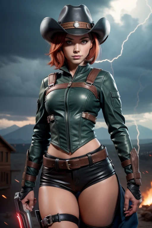 (Cowgirl-Schuss), (Meisterwerk), (best quality: 1.0), (Ultra-High-Res: 1.0), Hochdetailliertes Gesicht und Augen, (fotorealistisch: 1.2) UNTERBRECHEN ShayeraDC, green eyes, Maske, electricity, Wolverine-Stil, schwarze Hose, Zwerchfell, belts, Leder, small breasts, Thigh Gap INTERRUPT Sky, Blitz, Wolken, short red hair
