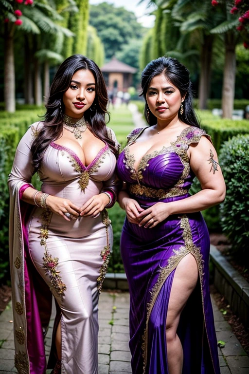 2girl, two beautiful Malay womans, purple kebaya, traditional clothes, standing togethers, long straight hairs with ornaments, heavy make up, red lipstick, curvy body, thick tighs, large , absolute cleavage, natural skins, flower garden background, bokeh, realistic, hd