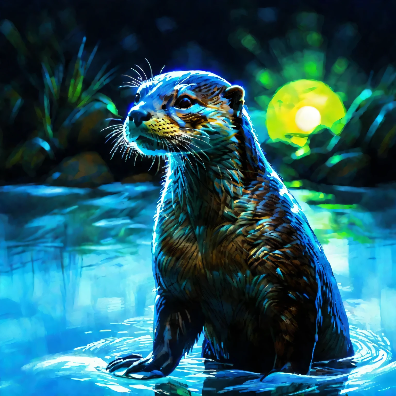 1 glowing otter. (Digital art of transparent otter painted with blacklight responsive light blue paint: 1.3, 3D, octane rendering, blacklit background), UV blacklight: 1.3, luminous, neon colour: 1.3, Otter glowing eyes, night, dark atmosphere, waterfront, moon, detailed Otter, dark fantasy, intricate details