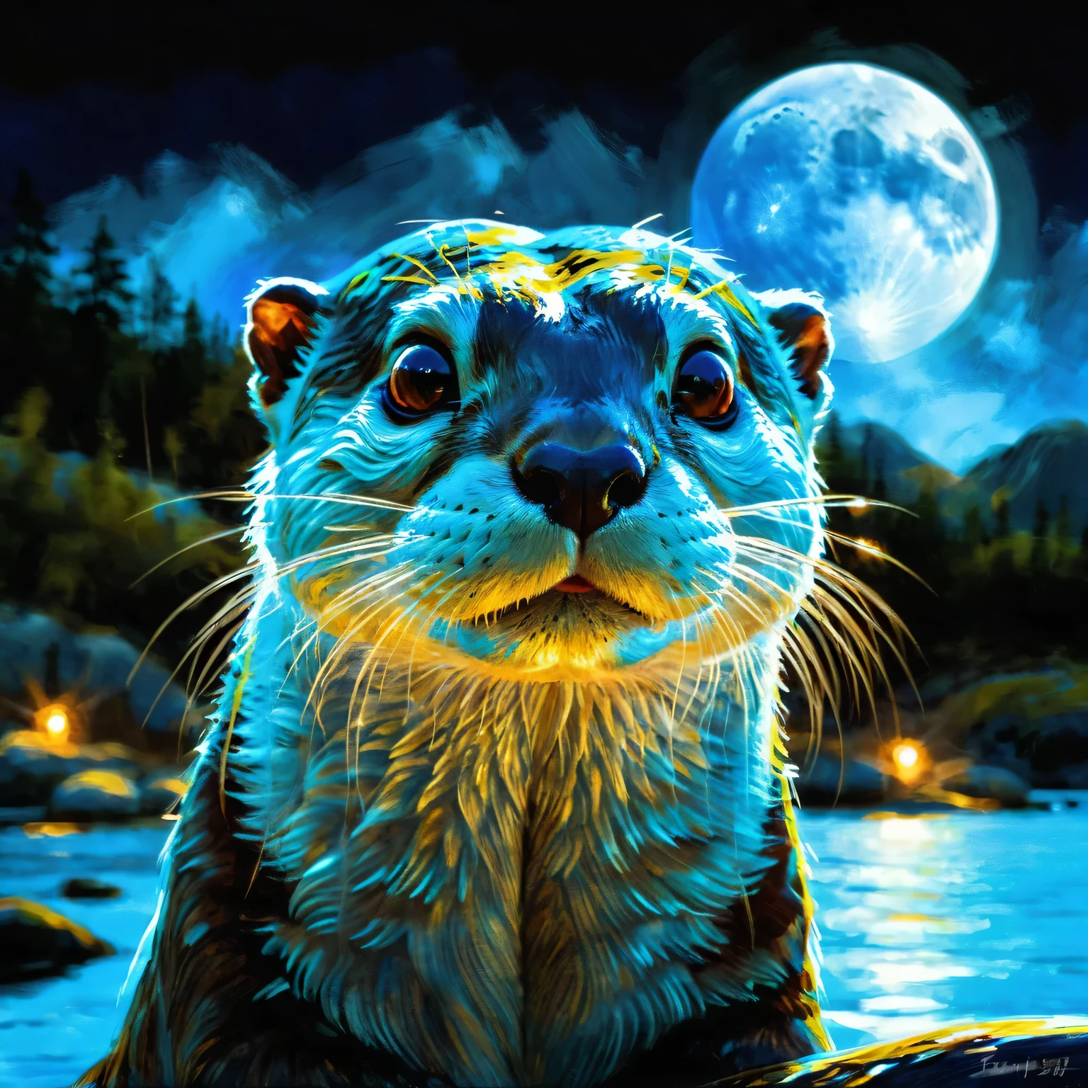 1 glowing otter. (Digital art of transparent otter painted with blacklight responsive light blue paint: 1.3, 3D, octane rendering, blacklit background), UV blacklight: 1.3, luminous, neon colour: 1.3, Otter glowing eyes, night, dark atmosphere, waterfront, moon, detailed Otter, dark fantasy, intricate details